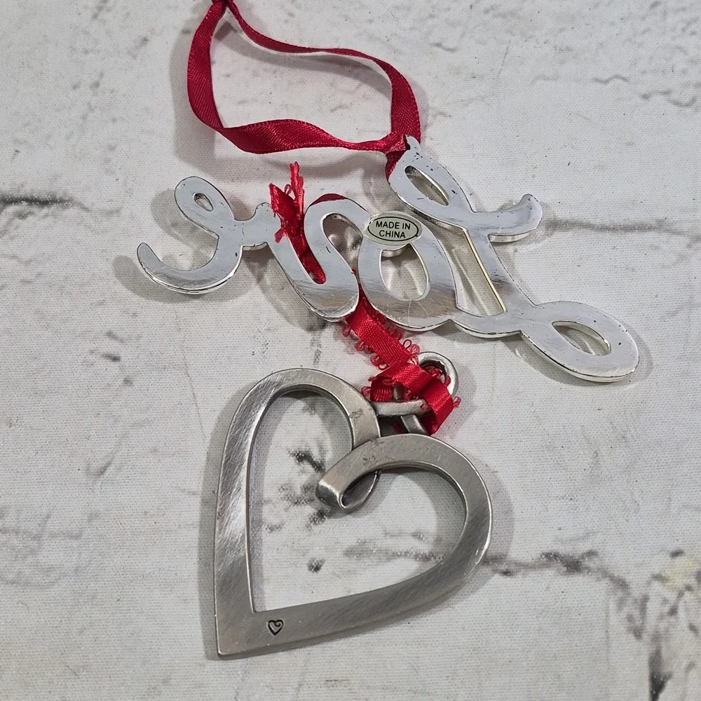 Ganz Pewter Heart Ribbon Ornament Kindness & Cursive Silver Tone Love Lot Of 2‎